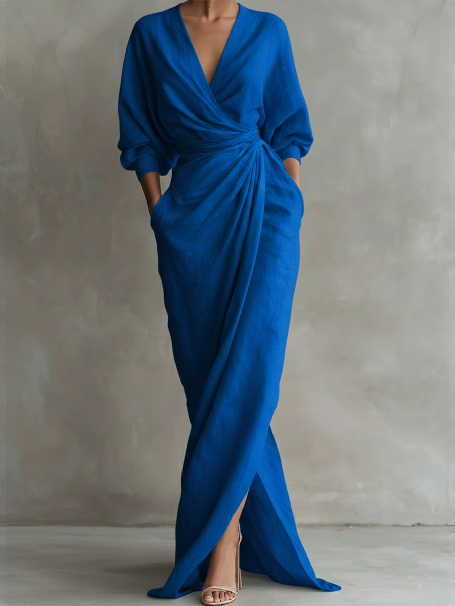 Adriana | Vestido Maxi Drapeado de Manga Amplia con Nudo en la Cintura