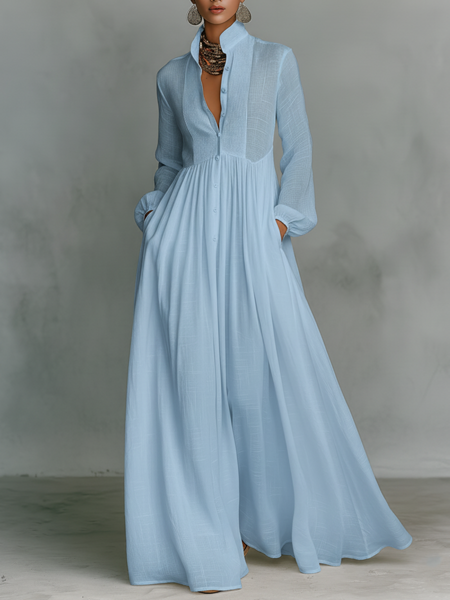 Lucía | Vestido Maxi Camisero de Manga Larga con Falda Amplia y Bolsillos