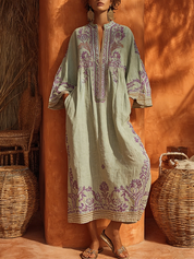 Nerea | Vestido Túnica Midi de Lino con Bordados Florales y Manga Larga