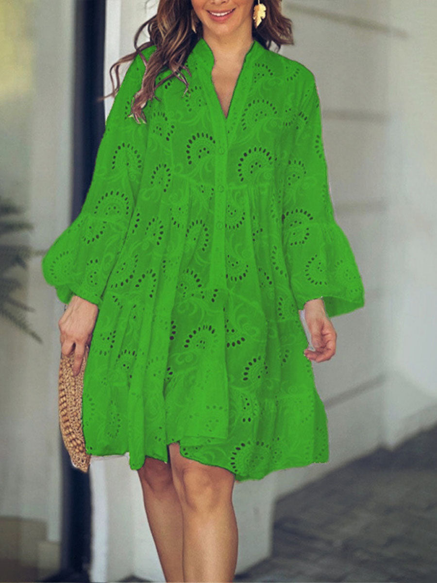 Lucía | Vestido Mini en Encaje Bordado con Escote en V y Manga Larga