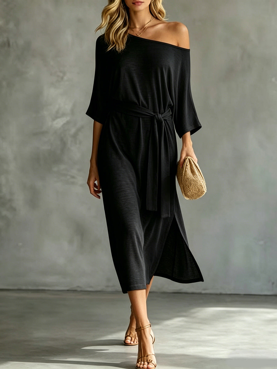 Sofía | Vestido Midi Off-Shoulder de Lino con Cinturón y Manga Amplia