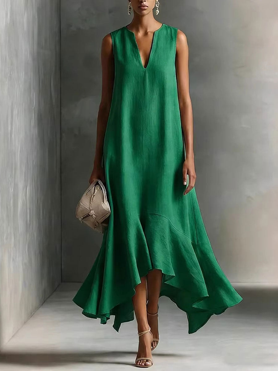 Adriana | Vestido Maxi de Tejido Satinado con Escote en V y Bajo Irregular