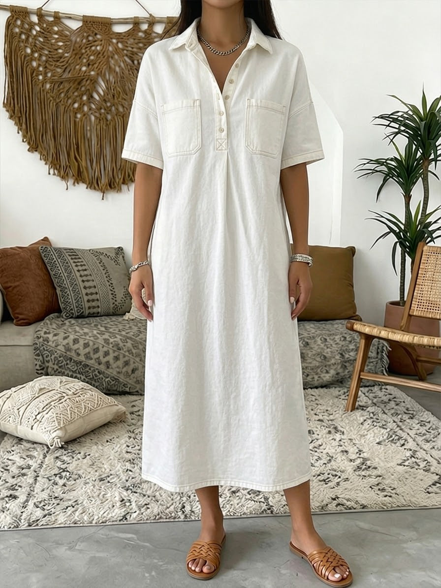 Lucía | Vestido Maxi Camisero de Chambray con Manga Corta y Botonadura Media