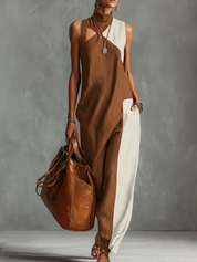 Elena | Vestido Maxi de Lino Sin Mangas con Cuello Alto y Abertura Lateral