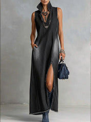 Adriana | Vestido Maxi Vaquero sin Mangas con Cuello Camisero y Abertura Lateral