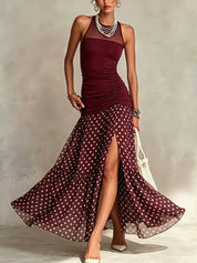 Nerea | Vestido Maxi Halter con Falda de Chiffon en Lunares y Abertura Lateral