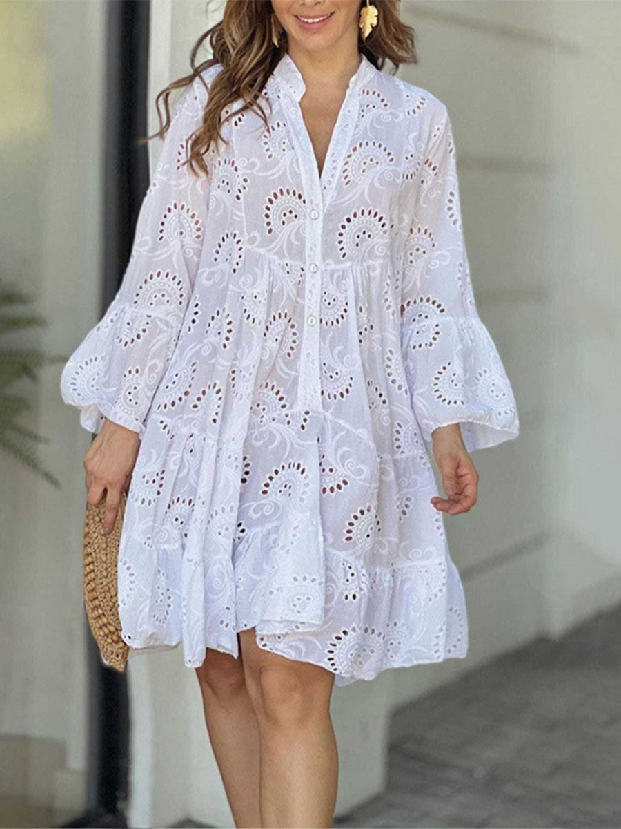 Lucía | Vestido Mini en Encaje Bordado con Escote en V y Manga Larga