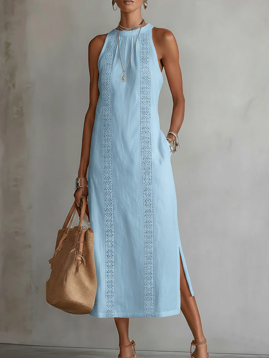 Leonor | Vestido Midi de Lino con Cuello Mao