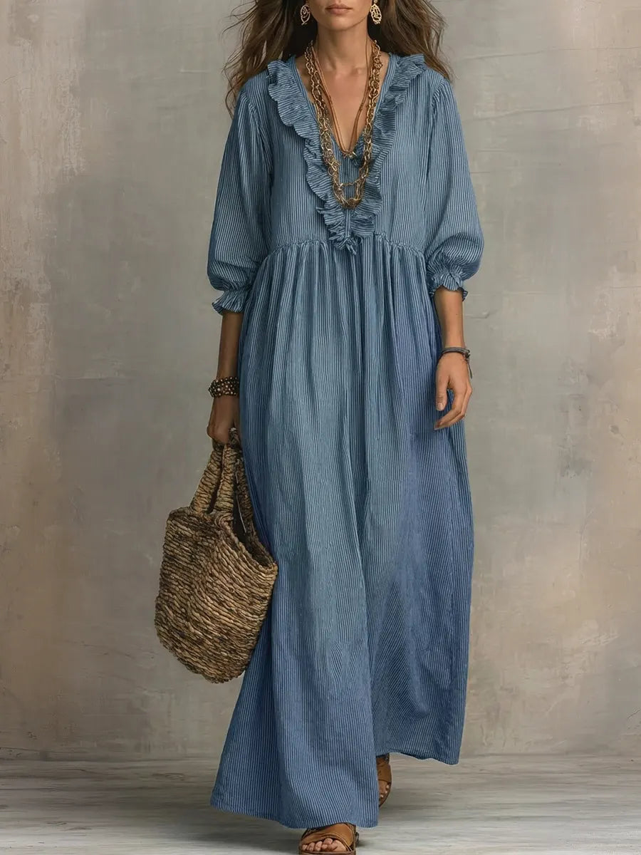 Elena | Vestido Maxi Boho de Lino con Escote V Fruncido y Manga Larga Suelta