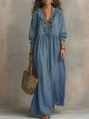 Elena | Vestido Maxi Boho de Lino con Escote V Fruncido y Manga Larga Suelta