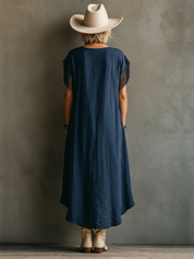 Adriana | Vestido Maxi de Lino con Manga Corta, Bajo Asimétrico y Bolsillos