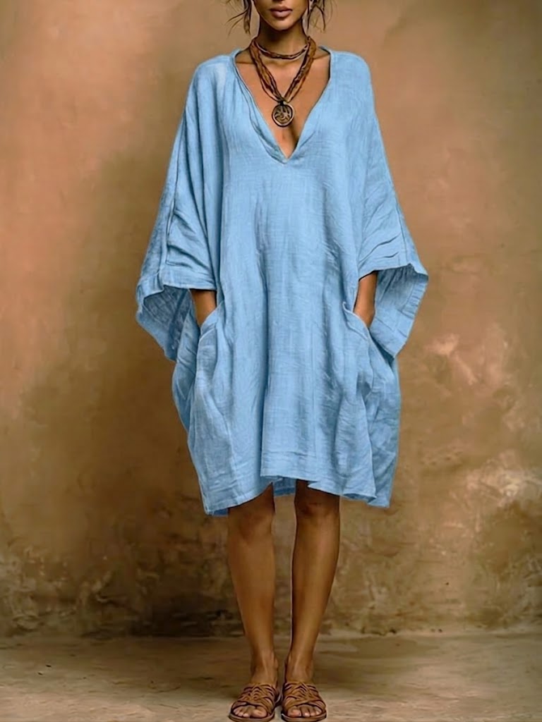 Adriana | Vestido Túnica Midi de Seda con Manga Murciélago y Escote V Profundo