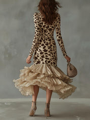 Isabel | Vestido Midi Animal Print con Falda de Tul y Volantes