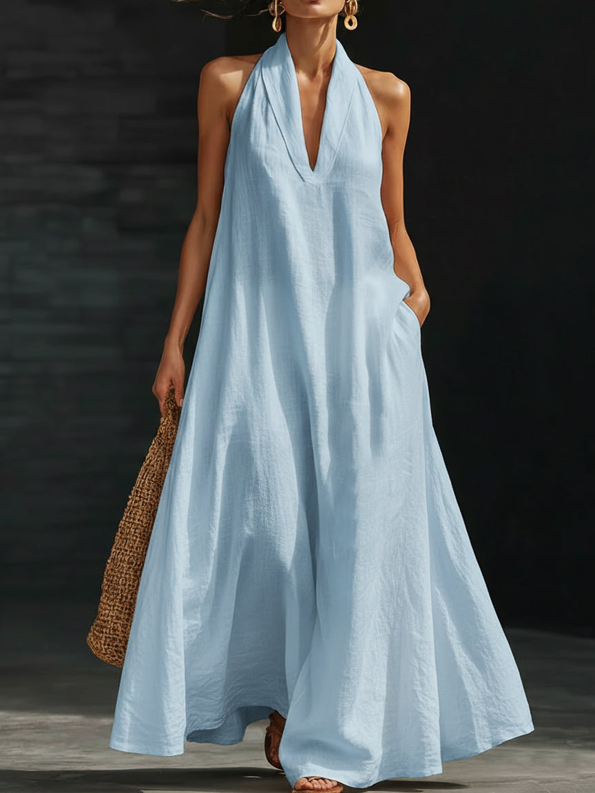 Lucía | Vestido Maxi Halter con Escote en V Profundo y Volumen Amplio