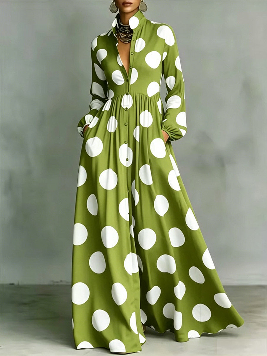 Nerea | Vestido Maxi de Manga Larga con Estampado de Lunares y Cuello Alto