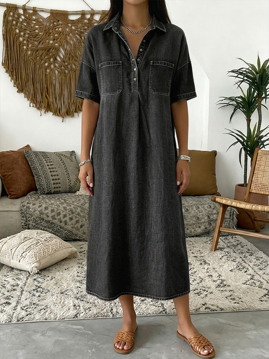 Lucía | Vestido Maxi Camisero de Chambray con Manga Corta y Botonadura Media