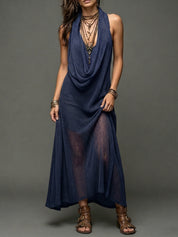 Valeria | Vestido Maxi Drapeado con Escote Halter y Cordones Cruzados