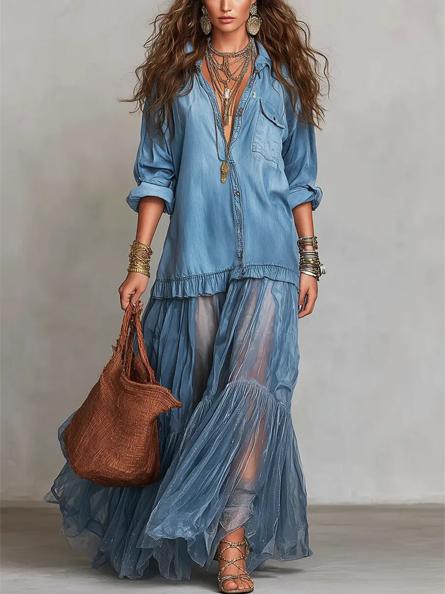 Sofía | Vestido Maxi Boho con Falda por Capas y Escote V con Botones