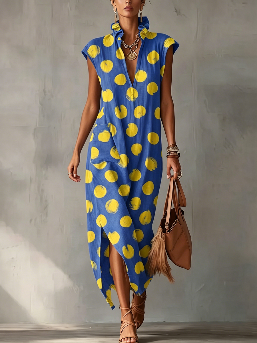 Carmen | Vestido Maxi Sin Mangas con Estampado de Lunares y Cuello Camisero
