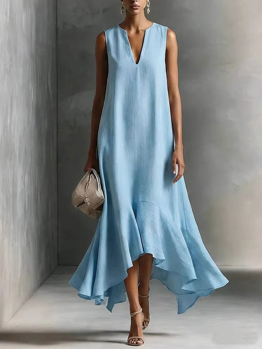 Adriana | Vestido Maxi de Tejido Satinado con Escote en V y Bajo Irregular