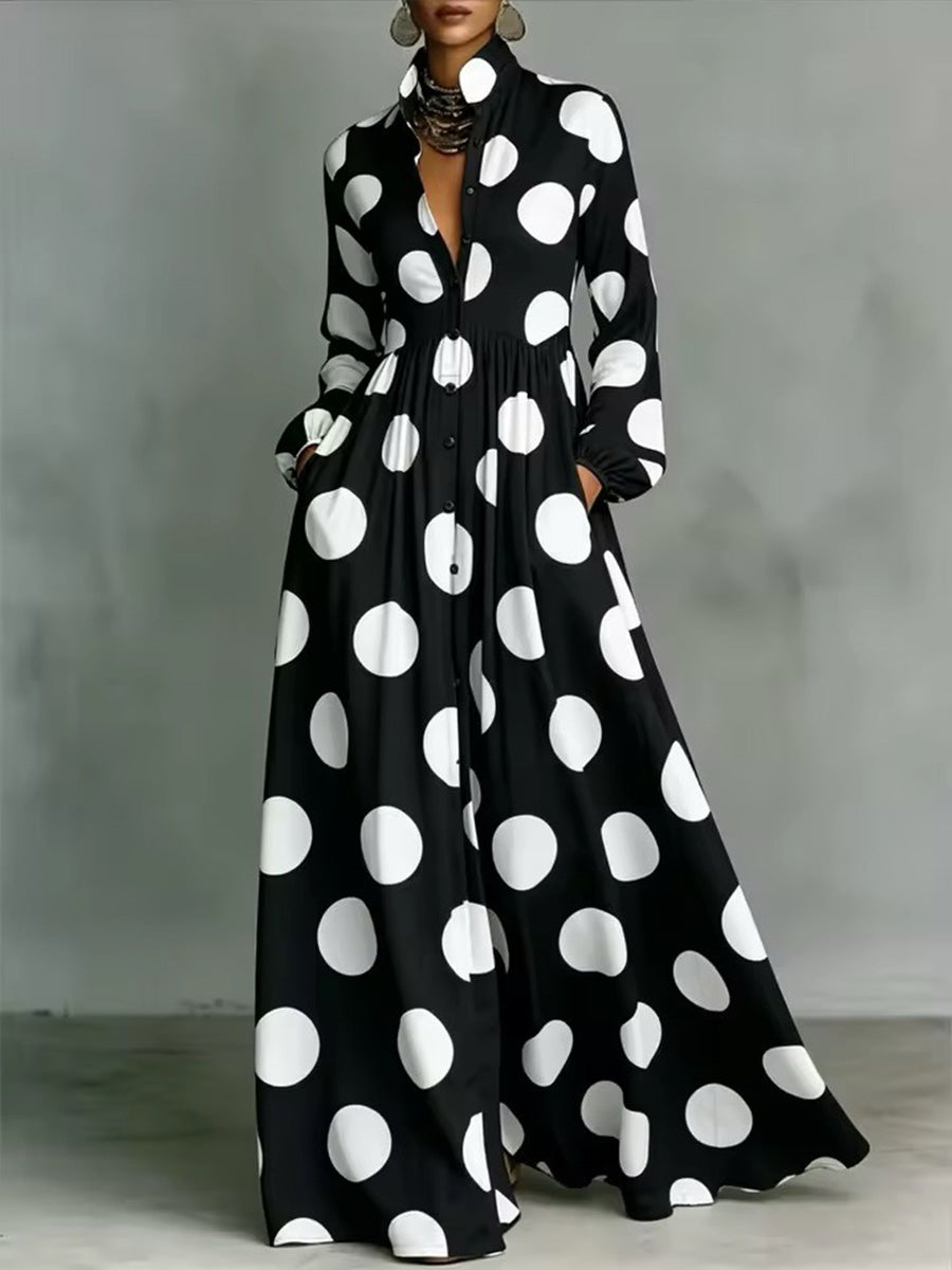 Nerea | Vestido Maxi de Manga Larga con Estampado de Lunares y Cuello Alto