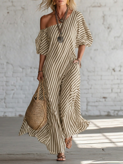 Sofía | Vestido Maxi Off-Shoulder con Estampado de Lunares y Manga Amplia