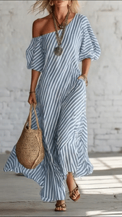 Sofía | Vestido Maxi Off-Shoulder con Estampado de Lunares y Manga Amplia