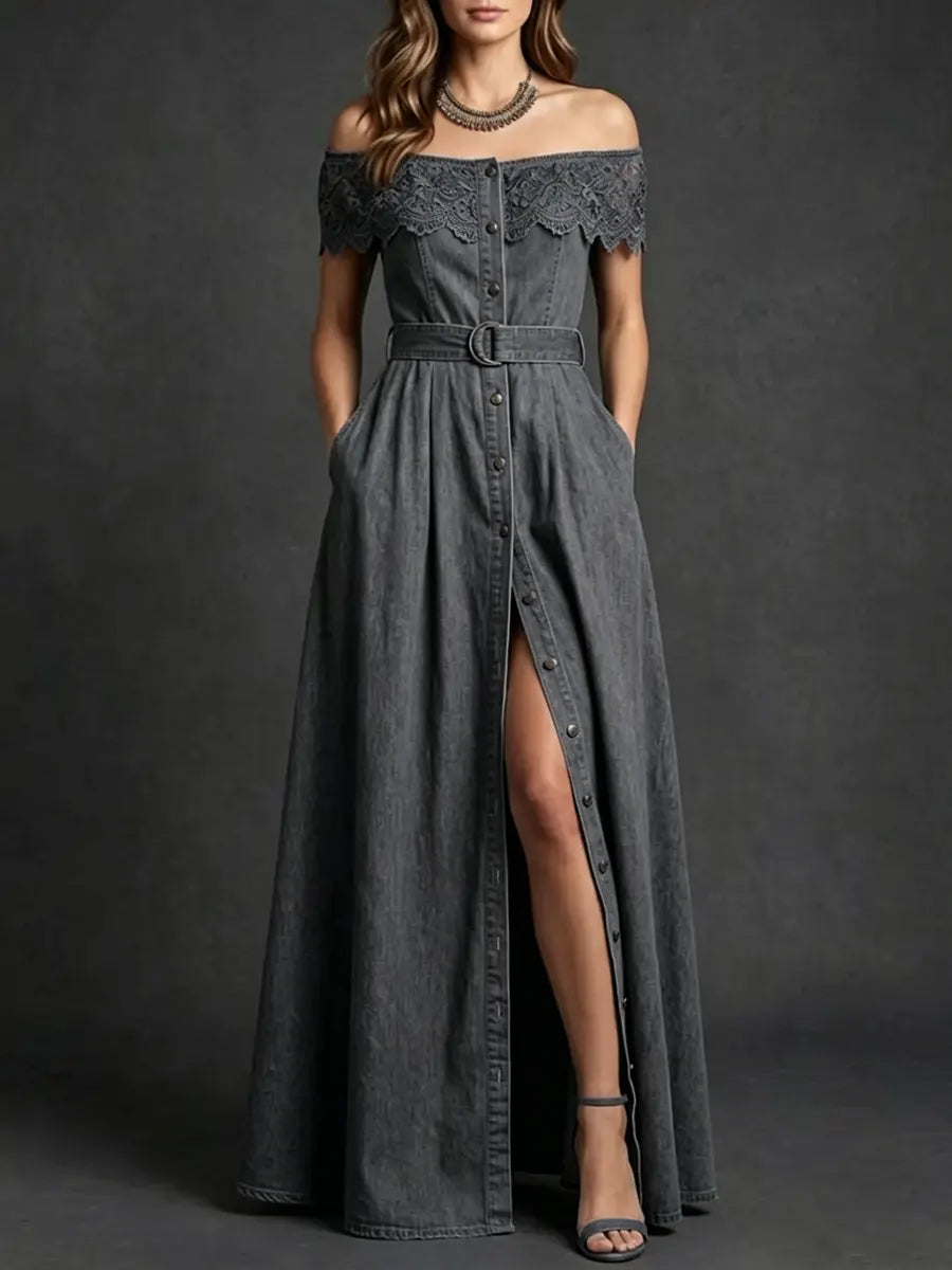 Carmen | Vestido Maxi Denim Off-Shoulder con Abertura Frontal y Botones