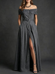 Carmen | Vestido Maxi Denim Off-Shoulder con Abertura Frontal y Botones