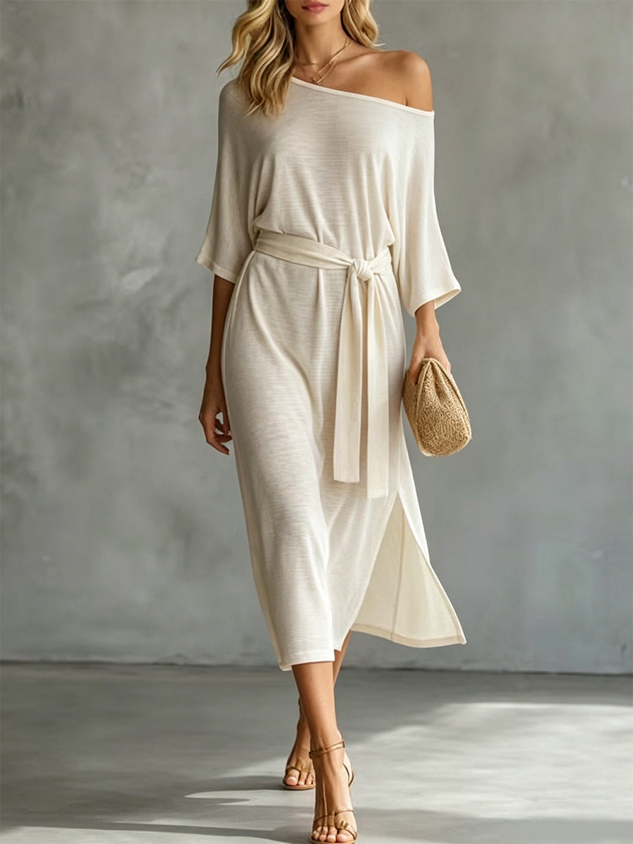 Sofía | Vestido Midi Off-Shoulder de Lino con Cinturón y Manga Amplia