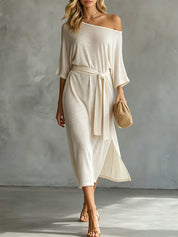 Sofía | Vestido Midi Off-Shoulder de Lino con Cinturón y Manga Amplia