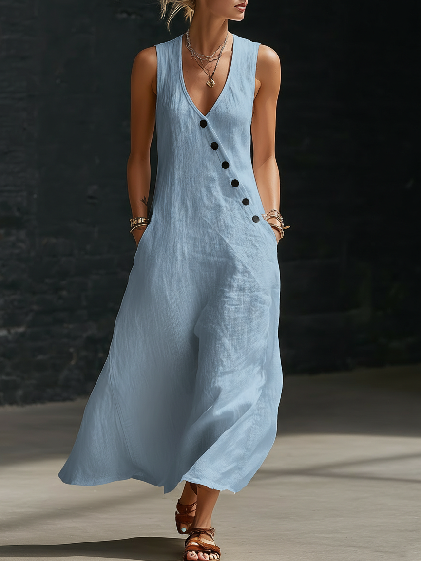 Carmen | Vestido Maxi de Lino Sin Mangas con Escote en V y Botones