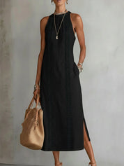 Leonor | Vestido Midi de Lino con Cuello Mao