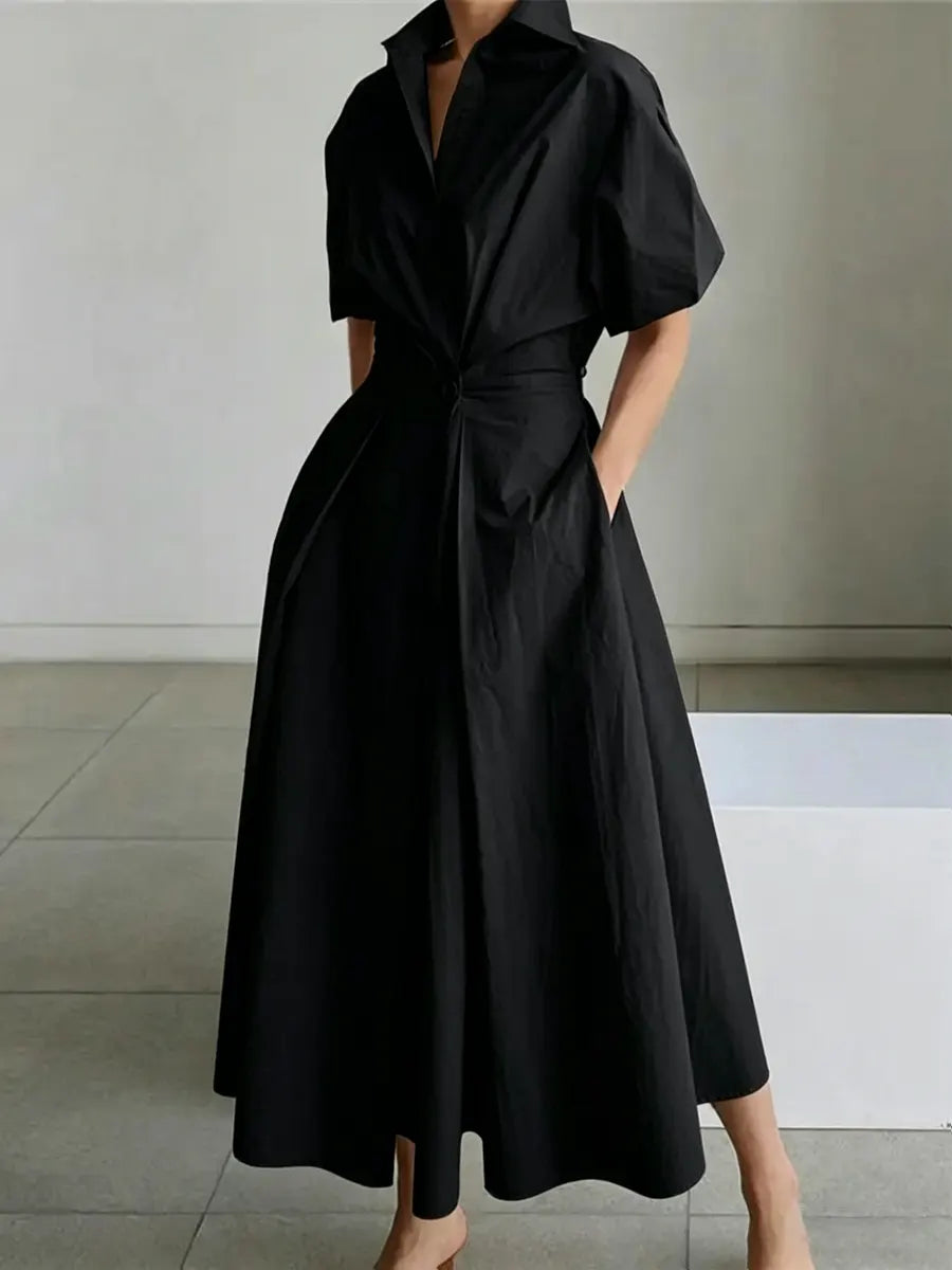 Sofía | Vestido Midi Camisero de Lino con Cinturón y Falda Evasé