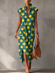 Carmen | Vestido Maxi Sin Mangas con Estampado de Lunares y Cuello Camisero