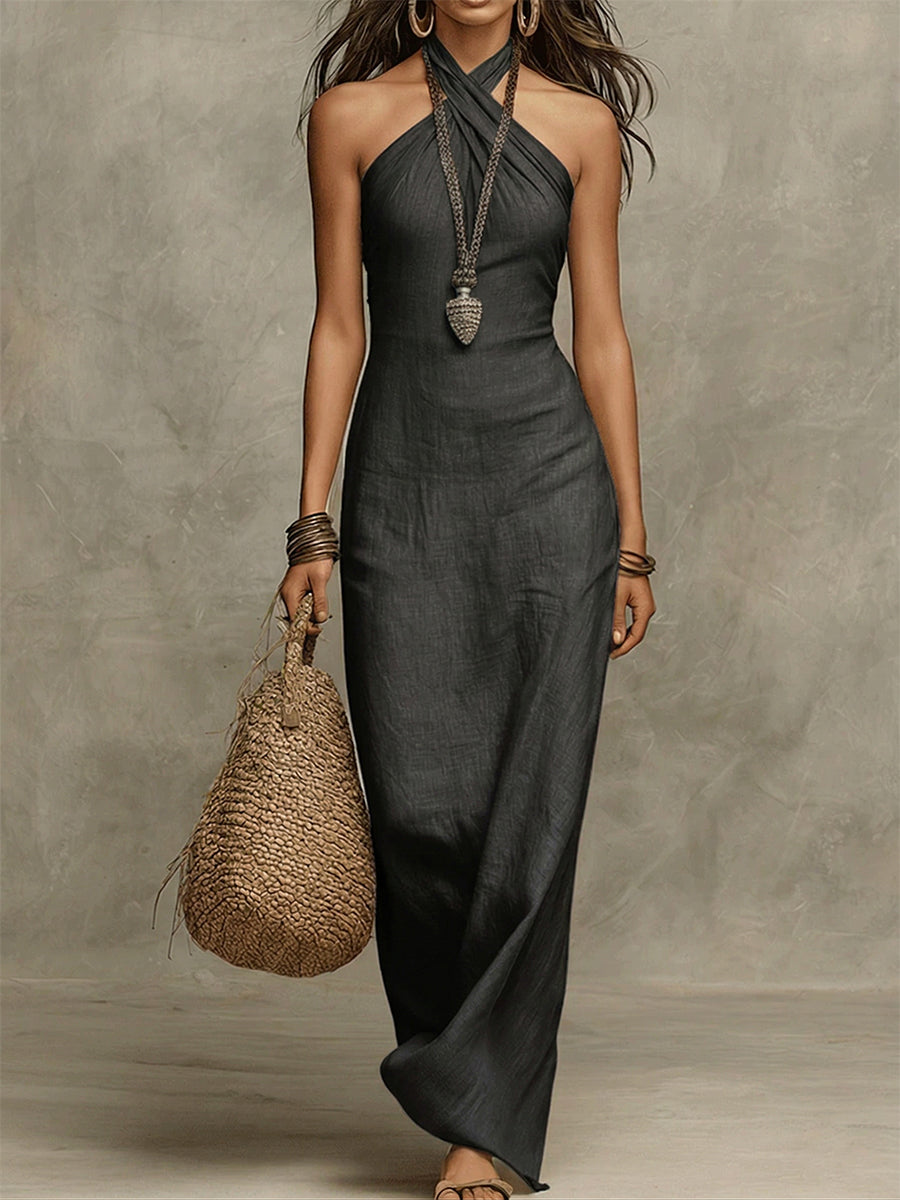 Valeria | Vestido Maxi Halter de Algodón con Espalda Abierta y Caída Ajustada