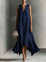 Adriana | Vestido Maxi de Tejido Satinado con Escote en V y Bajo Irregular