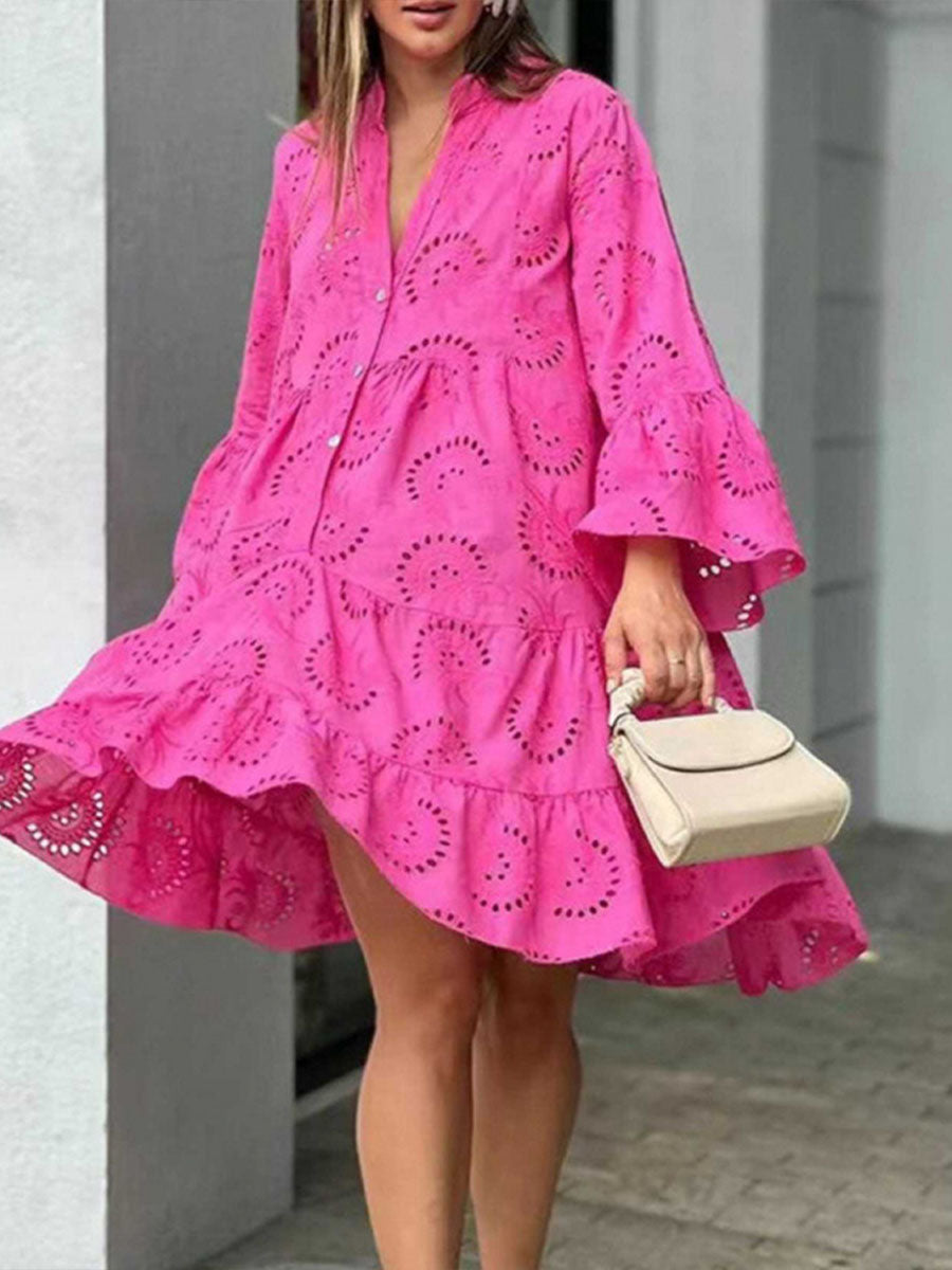 Lucía | Vestido Mini en Encaje Bordado con Escote en V y Manga Larga