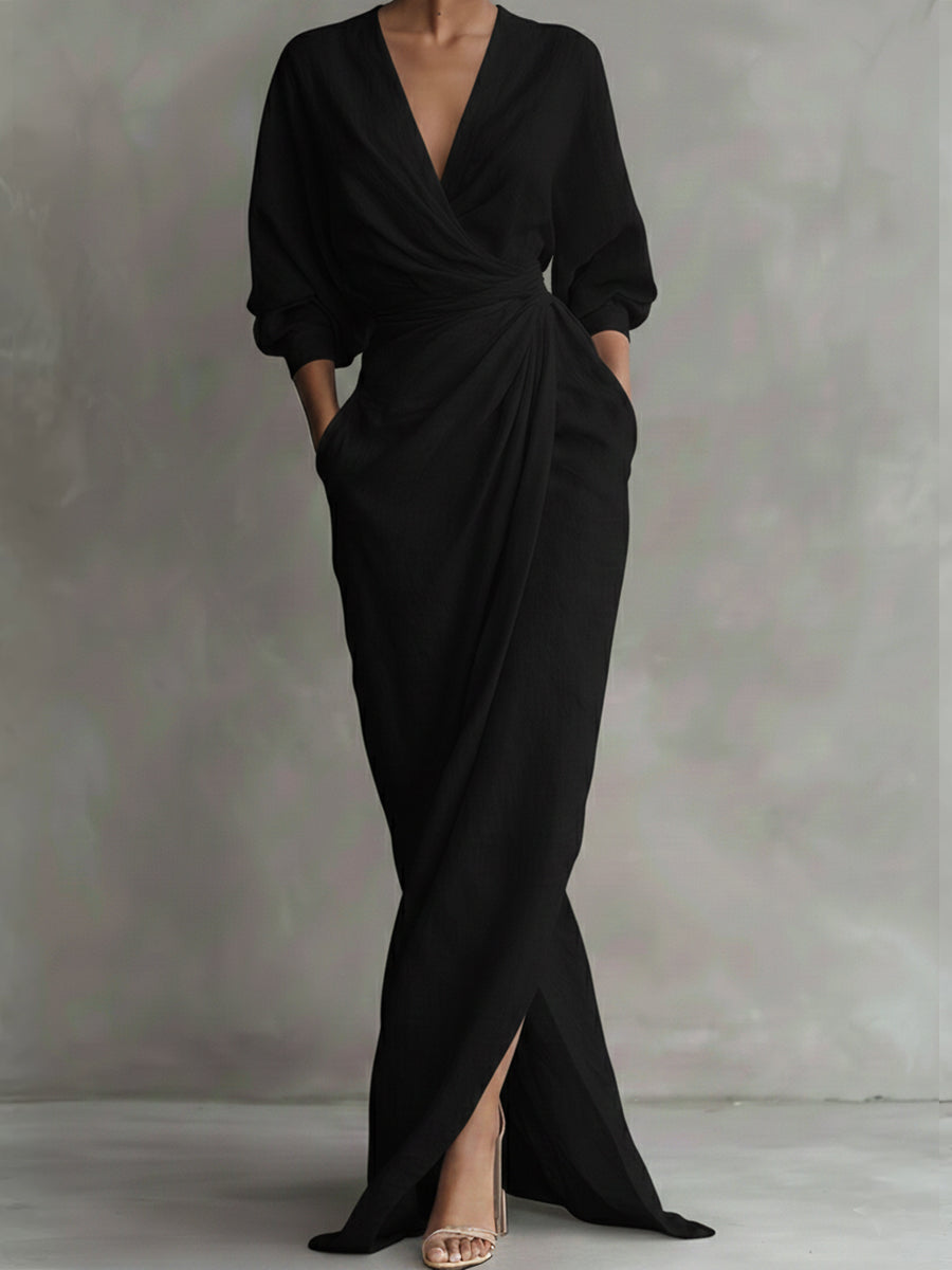 Adriana | Vestido Maxi Drapeado de Manga Amplia con Nudo en la Cintura