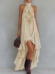 Elena | Vestido Halter con Corpete Bordado y Falda Asimétrica en Chiffon