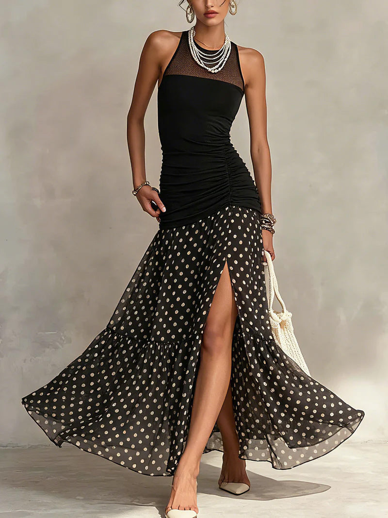 Nerea | Vestido Maxi Halter con Falda de Chiffon en Lunares y Abertura Lateral