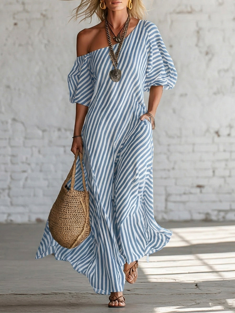 Sofía | Vestido Maxi Off-Shoulder con Estampado de Lunares y Manga Amplia