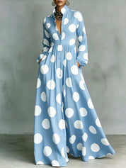 Nerea | Vestido Maxi de Manga Larga con Estampado de Lunares y Cuello Alto