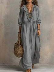Elena | Vestido Maxi Boho de Lino con Escote V Fruncido y Manga Larga Suelta