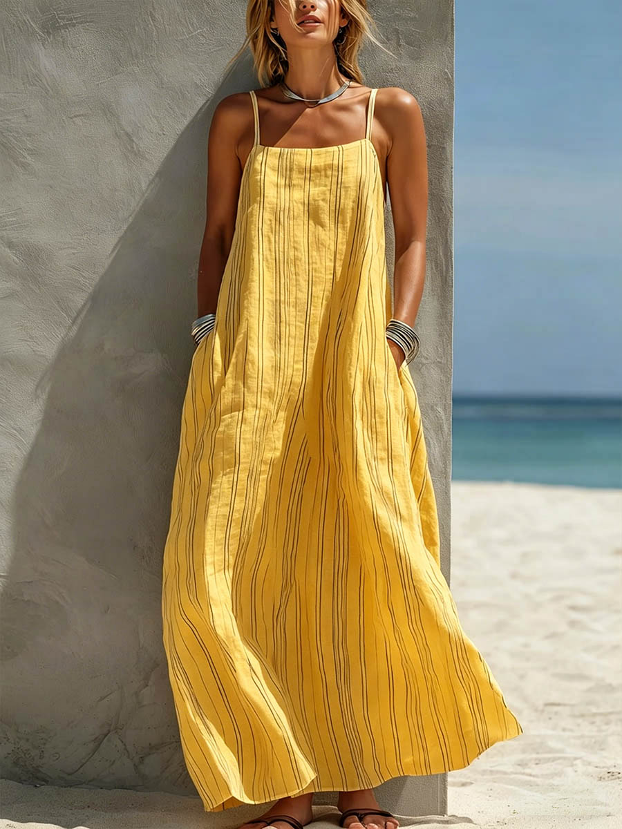 Sofía | Vestido Maxi Peto de Lino con Tirantes Anchos y Falda Amplia