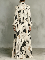 Elena | Vestido Maxi Camisero con Estampado Geométrico y Manga Larga