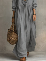 Elena | Vestido Maxi Boho de Lino con Escote V Fruncido y Manga Larga Suelta