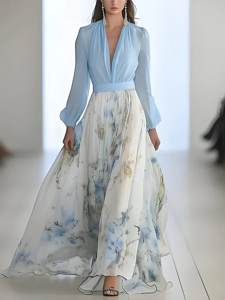 Isabel | Vestido Maxi Bicolor con Top de Manga Bufante y Falda Floral en Chiffon