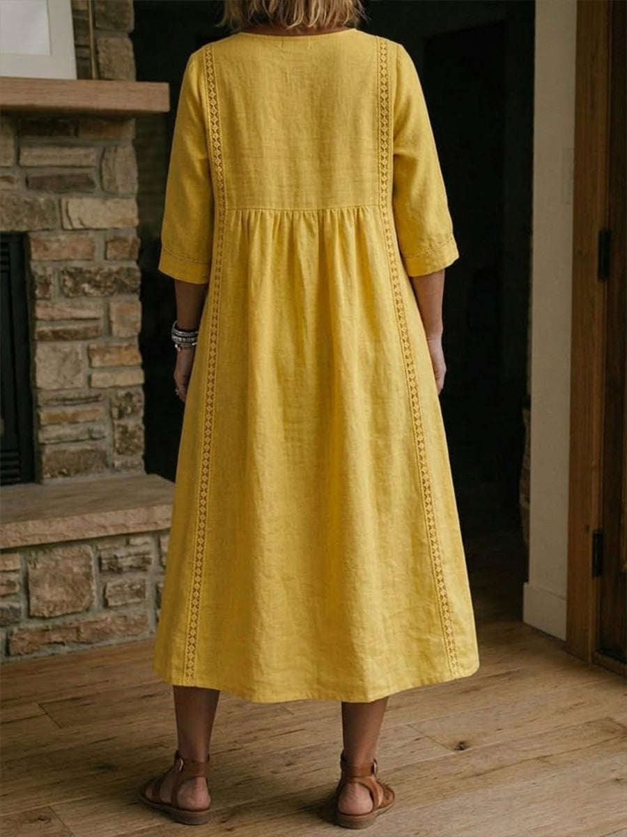 Elena | Vestido Midi de Lino con Escote V y Manga Tres Cuartos en Corte Trapecio