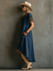Adriana | Vestido Maxi de Lino con Manga Corta, Bajo Asimétrico y Bolsillos